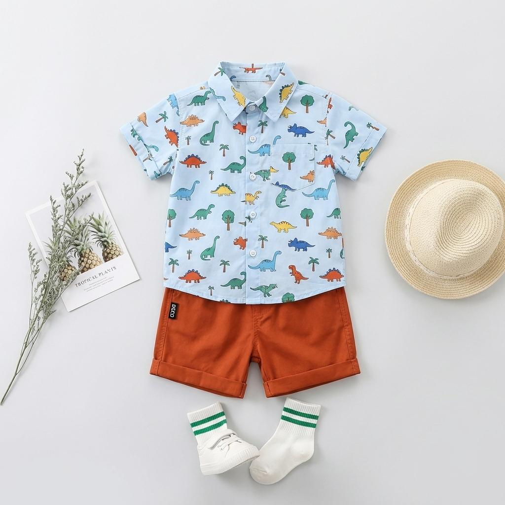 Toddler Boys Summer 2-Piece Outfit Set - Cute Dinosaur Print Button-Down Shirt & Orange Shorts