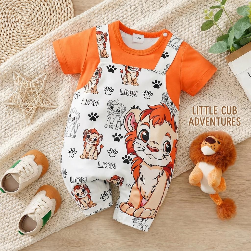 Adorable 2-Piece Lion Print Baby Overalls and Orange Tee Set