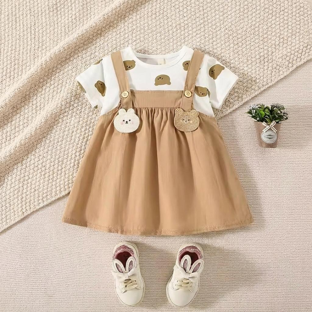 Adorable Bear Print Tee and Pinafore Dress Set for Baby Girls