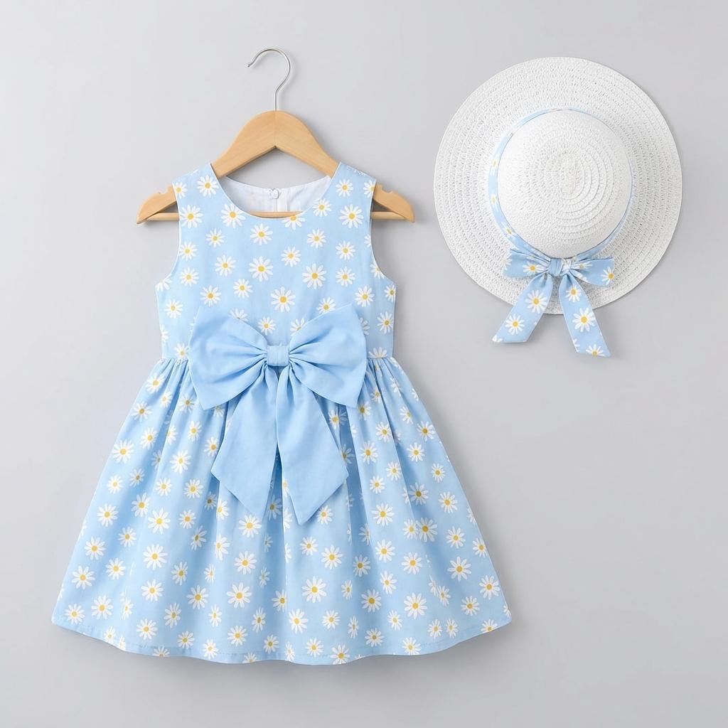 Baby Girls Sweet Daisy Floral Sundress - Sleeveless Summer Dress with Oversized Bow & Matching Sun Hat