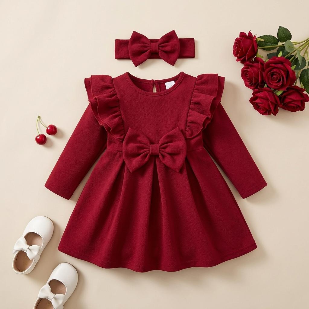 Adorable Burgundy Ruffle Long-Sleeve Bowknot Dress & Matching Headband Set
