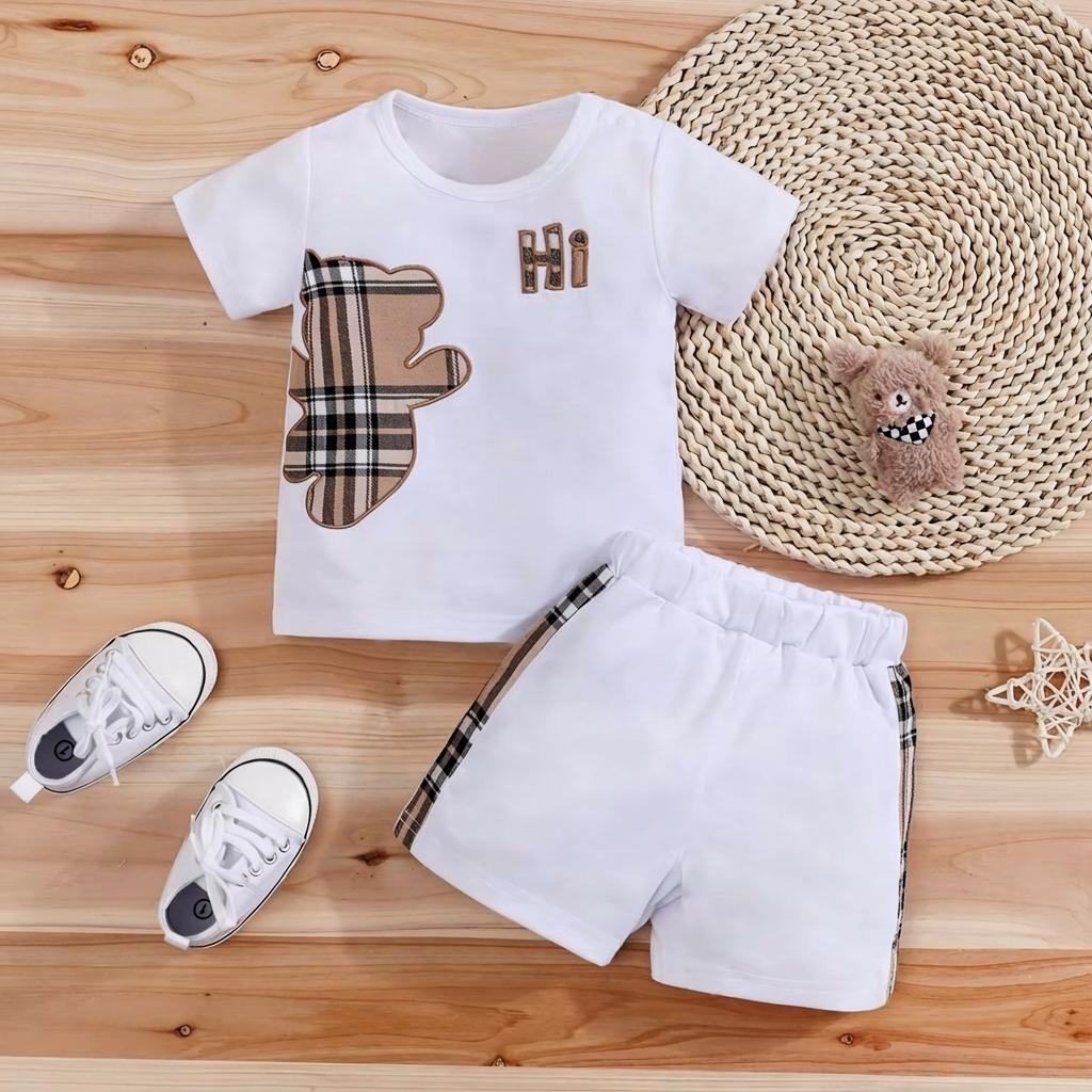 Adorable Toddler Boy 2-Piece Plaid Bear T-Shirt and Shorts Summer Set