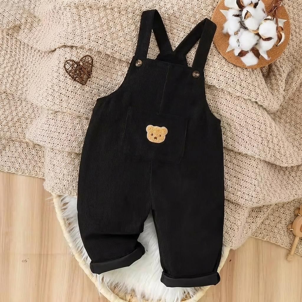 Cute Black Corduroy Baby Overalls with Teddy Bear Patch